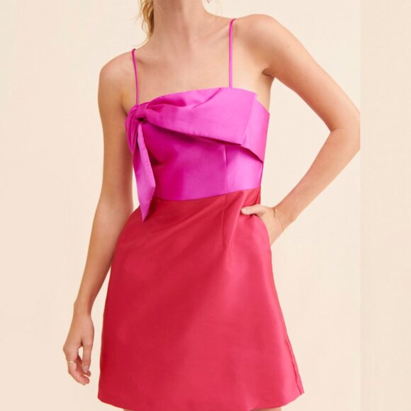 Hutch Serena Pink and Red Colorblock Bow Mini Dress Holiday Party Cocktail - Picture 2 of 10